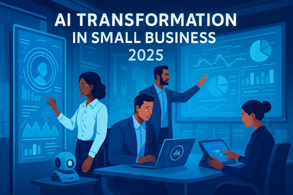 A futuristic business office with AI-powered gadgets and interactive screens displaying data analysis, featuring small business owners actively engaging with AI technologies, text overlay: 'AI Transformation in Small Business - 2025'.