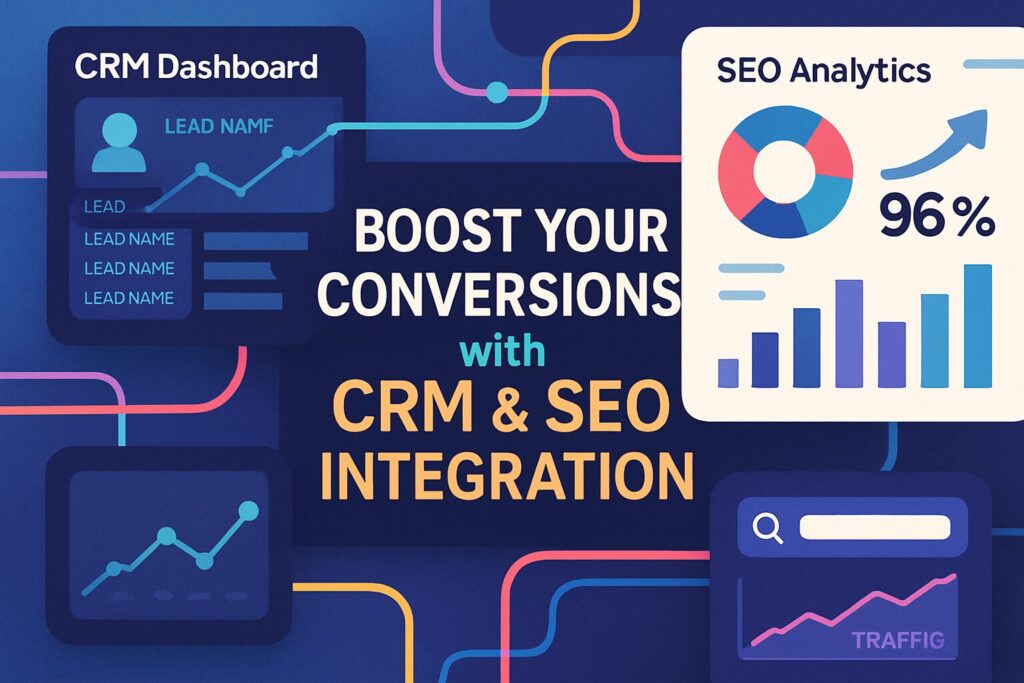 A digital collage showing a CRM dashboard and SEO analytics intertwining, with the text overlay 'Boost Your Conversions with CRM & SEO Integration'. Modern colors with a tech-focused style.