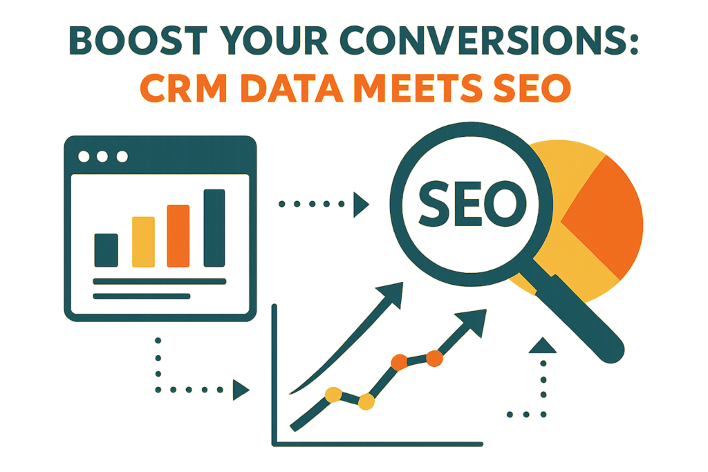 An infographic showing the integration of CRM data with SEO strategies, featuring icons of data charts, a magnifying glass for SEO, and a graph showing an upward trend in conversions. The text reads: 'Boost Your Conversions: CRM Data Meets SEO'.