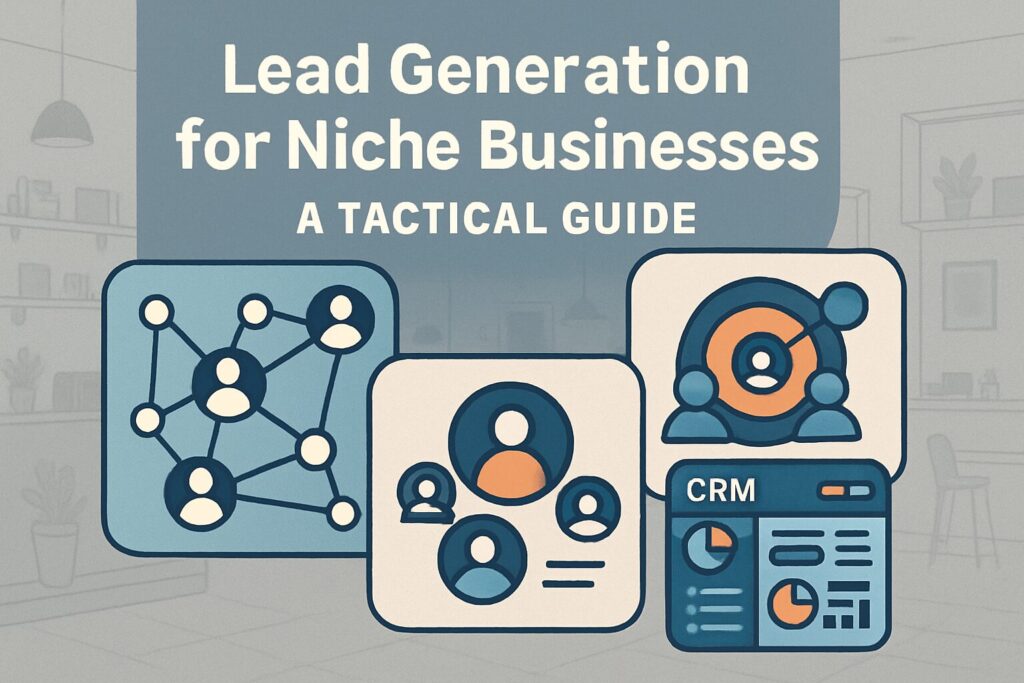Create a social media image featuring the headline 'Lead Generation for Niche Businesses: A Tactical Guide', showcasing visuals of data networks, niche audiences, and CRM tools with a subtle backdrop of a small business setting.