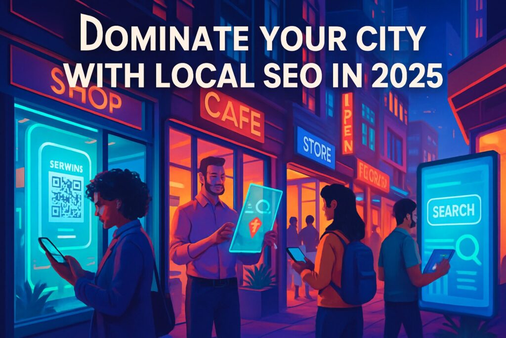 Create a vibrant, futuristic image representing a bustling small business district in 2025. Show diverse people interacting with digital technology in storefronts. Include overlay text: 'Dominate Your City with Local SEO in 2025'