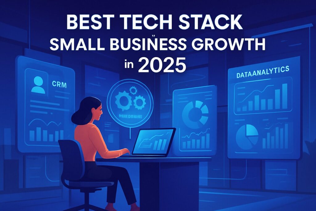 Create an engaging social media image highlighting a futuristic office with tech enhancements suggesting CRM, automation, and data analytics for small business growth in 2025. Include the text 'Best Tech Stack for Small Business Growth in 2025' with a modern, sleek design.