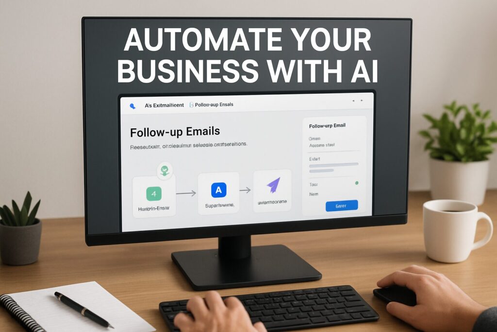 An image of a business owner's desktop showing AI software automating email follow-ups, with a text overlay that says 'Automate Your Business with AI'.