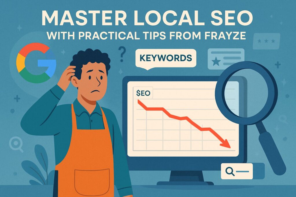 A digital illustration of a local business owner standing confused in front of a computer showing low SEO rankings on a graph. The background includes elements like search engine icons, keywords floating in the air, and a giant magnifying glass. Text overlay: 'Master Local SEO with Practical Tips from Frayze'