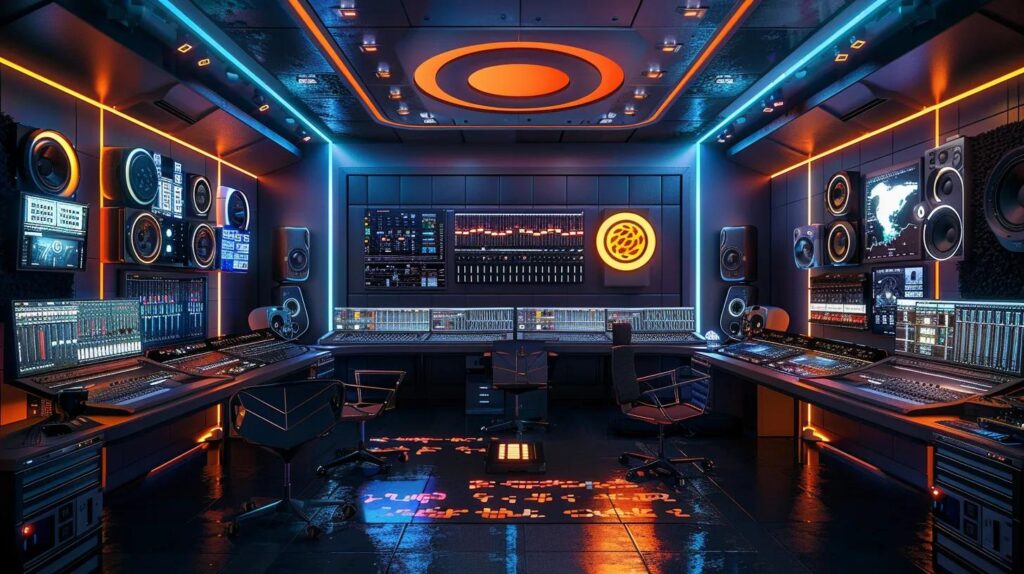 a futuristic music production studio, filled with sleek digital dashboards and advanced ai audio editing tools, showcases independent artists collaborating enthusiastically amidst a backdrop of vibrant soundwave visuals and automated software interfaces, embodying the cutting-edge evolution of creative workflows in the industry.