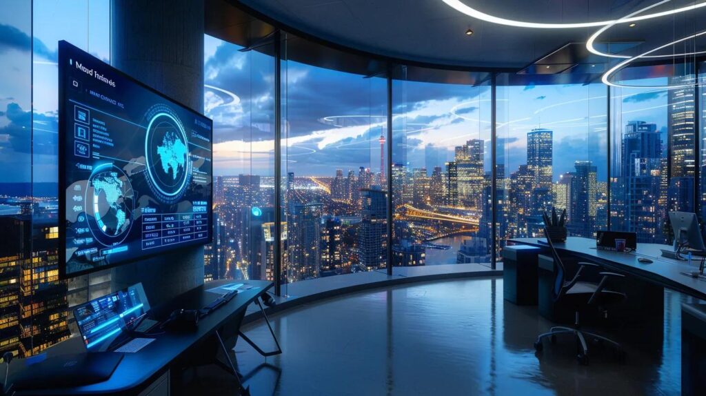 Top Strategies for Local SEO and Marketing Growth in Cities 2 a futuristic office space buzzes with ai-driven technology, showcasing sleek digital dashboards and crm systems that facilitate local seo strategies and business automation, set against a backdrop of vibrant canadian cityscapes visible through expansive glass windows.