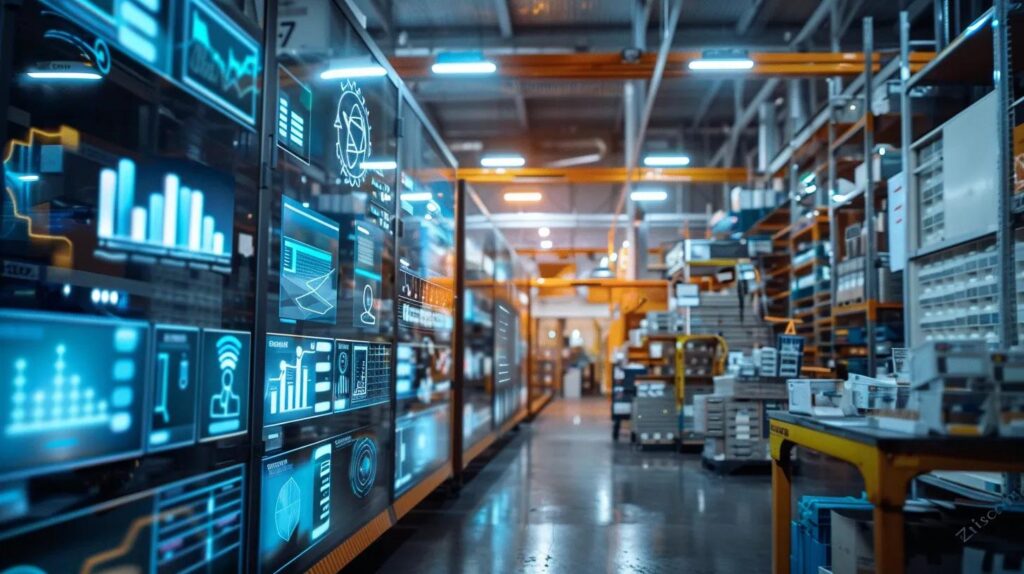 a futuristic tech repair shop brimming with sleek digital dashboards displays real-time data on repair tickets and inventory, highlighting the seamless integration of ai systems and crm technology that enhances workflow efficiency and customer engagement.