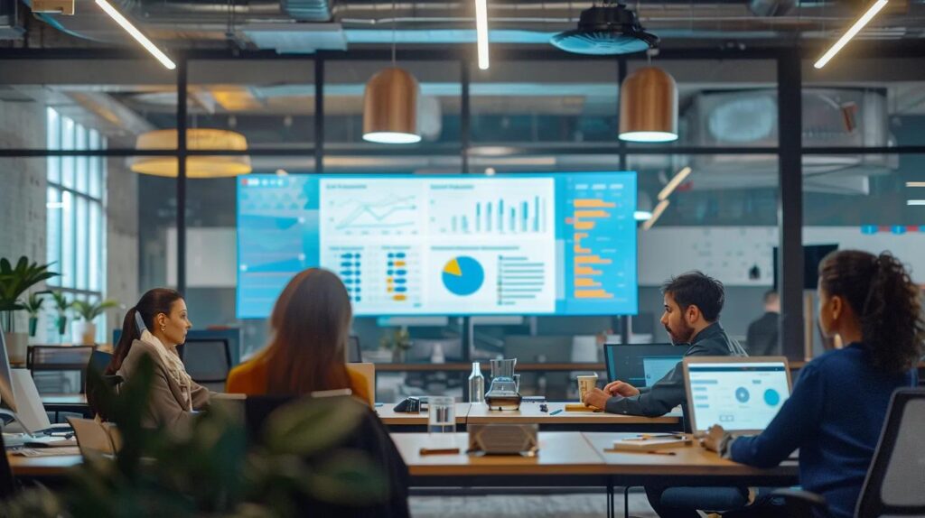 a modern office space features a vibrant digital display showing dynamic ai-driven website designs and marketing analytics, with professionals collaborating around sleek workstations, embodying the innovative trends reshaping ontario’s small business landscape.