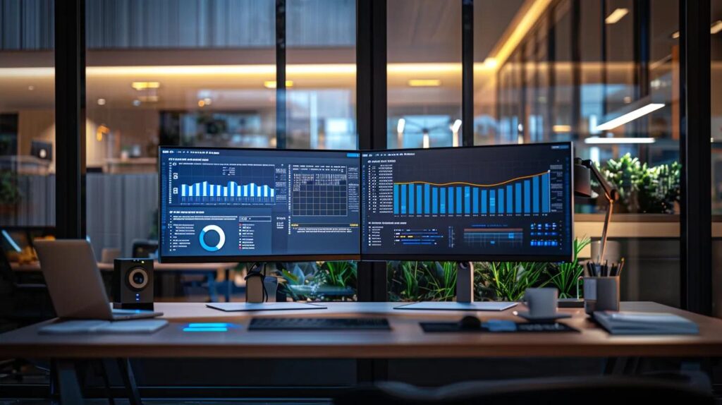 a modern office space showcases a sleek workstation with dual monitors displaying vibrant, data-driven analytics and engaging content drafts, embodying the synergy of ai-powered marketing strategies for small businesses in ontario.