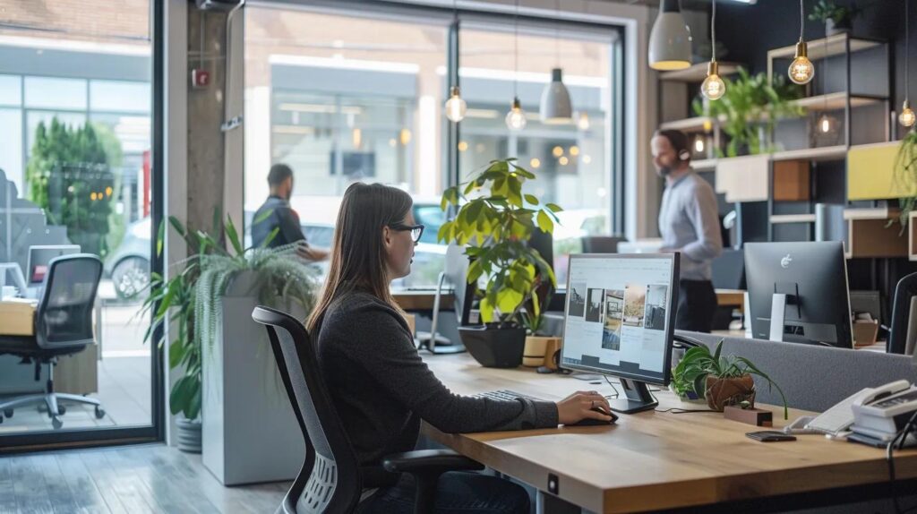 a modern office space showcasing small business owners engaging with advanced ai-driven website design tools on sleek computer screens, emphasizing customization and user-friendly interfaces tailored for ontario's market.