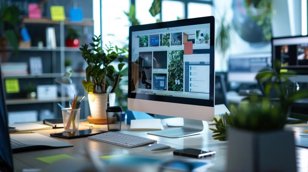 a modern office workspace features a sleek computer monitor displaying an innovative website design, surrounded by digital notepads and brainstorming materials, highlighting the dynamic intersection of ai technology and small business strategies in ontario.