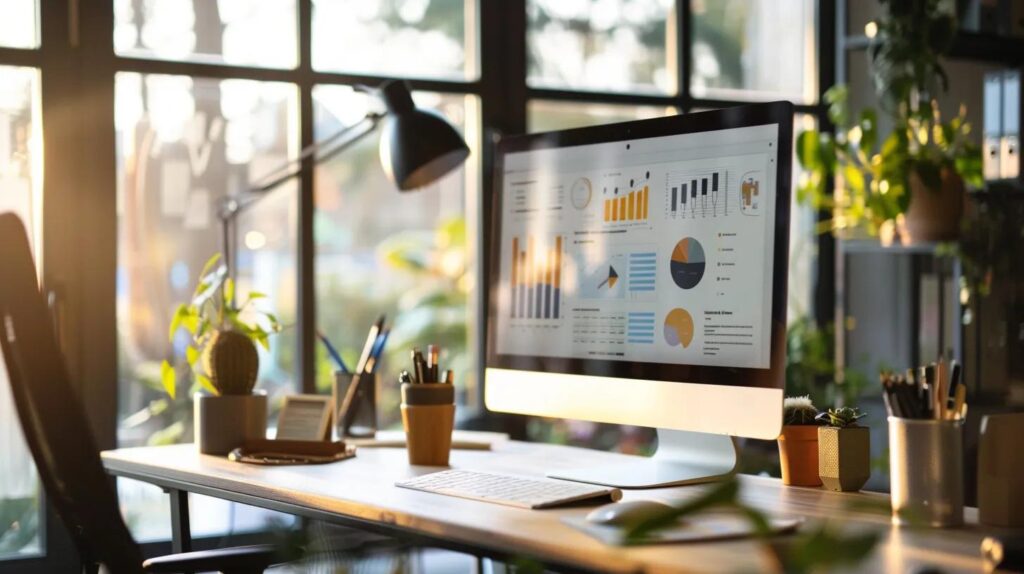 a modern office workspace features a sleek computer monitor displaying an engaging ai-driven website design service interface, surrounded by affordable marketing materials and digital tools, emphasizing budget-friendly solutions for small businesses.