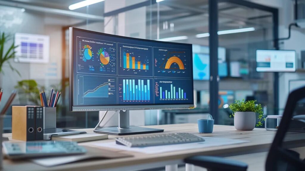 a modern office workspace showcases advanced ai tools on sleek computer screens, displaying graphs and dashboards that visualize enhanced website efficiency and cost savings for small businesses.