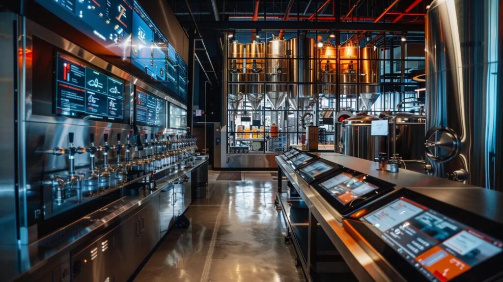 a sleek, futuristic brewery workspace showcases digital dashboards displaying real-time analytics and production metrics, with advanced ai technology seamlessly integrating automated brewing systems and customer relationship management tools, embodying the innovative spirit of the local craft beer industry.