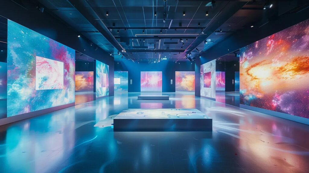 a sleek, futuristic gallery space filled with digital displays and interactive screens showcases vibrant artwork while visitors engage with ai-driven personalized experiences, embodying the intersection of art and cutting-edge technology.