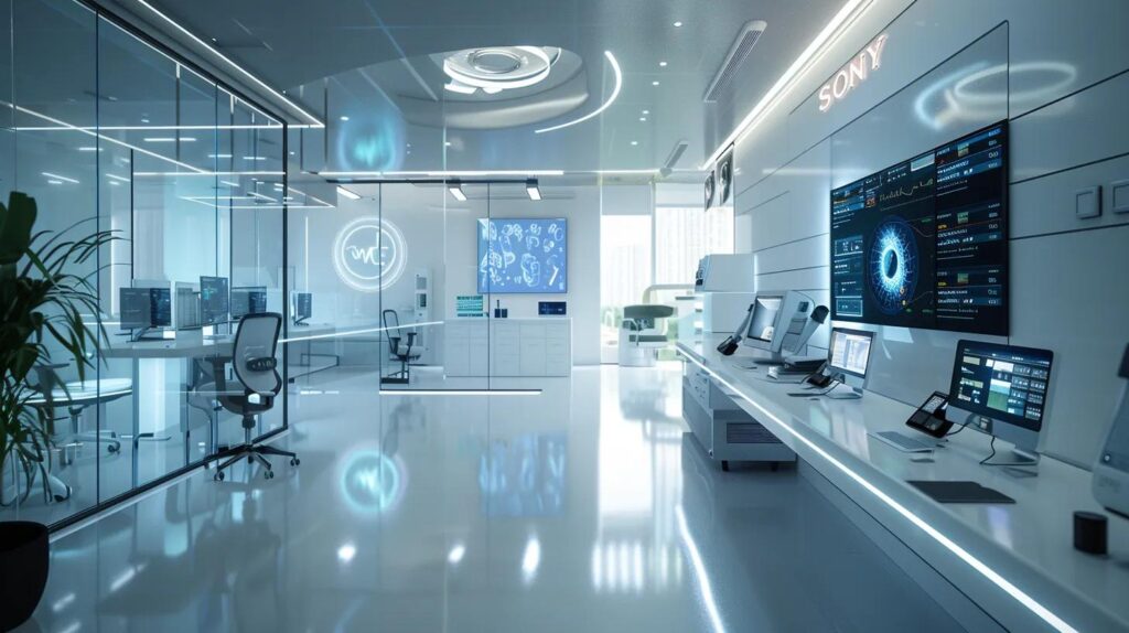 a sleek, futuristic medical clinic office featuring digital dashboards displaying ai-driven diagnostics and automated scheduling systems, bathed in cool, professional lighting that emphasizes a blend of technology and patient care efficiency.