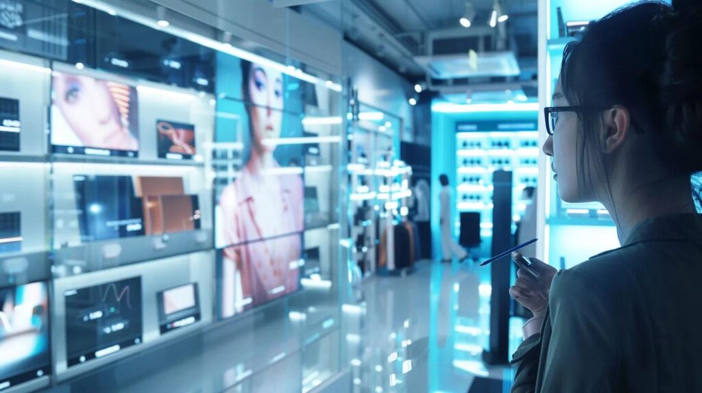 a sleek, futuristic office environment showcases digital dashboards and ai-driven technology, as a small business owner interacts with a sophisticated crm system to personalize fashion products for customers, emphasizing innovation and automation in e-commerce.