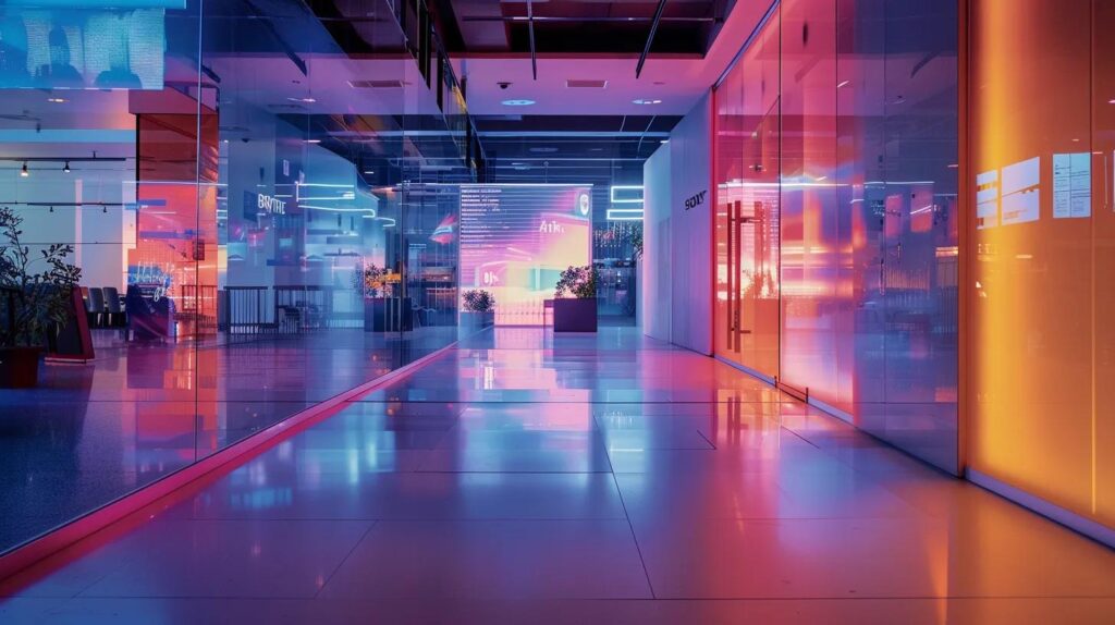 a sleek futuristic office space filled with digital dashboards and holographic displays, showcasing automated event management systems being utilized for a virtual event, highlighting the integration of ai and technology to enhance audience engagement.