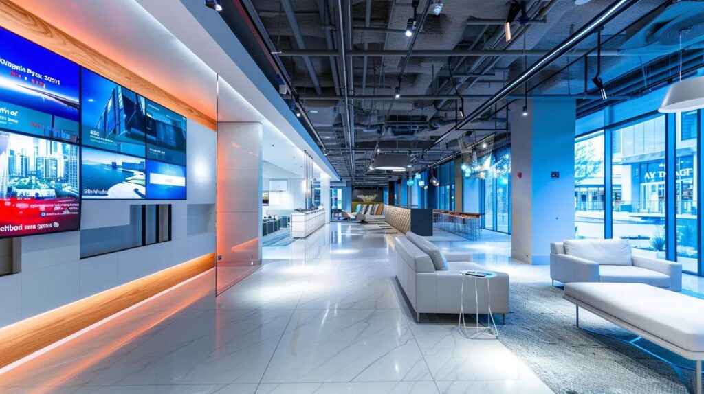 a sleek, futuristic office space featuring advanced digital dashboards and interactive ai technology displays, illustrating niche business benefits from crm systems and automation, with a focus on canadian small business innovation.