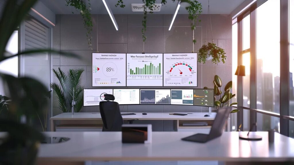 a sleek, futuristic workspace showcases various digital dashboards and ai-powered crm tools, emphasizing the dynamic integration of automation in canadian small businesses thriving in 2025.