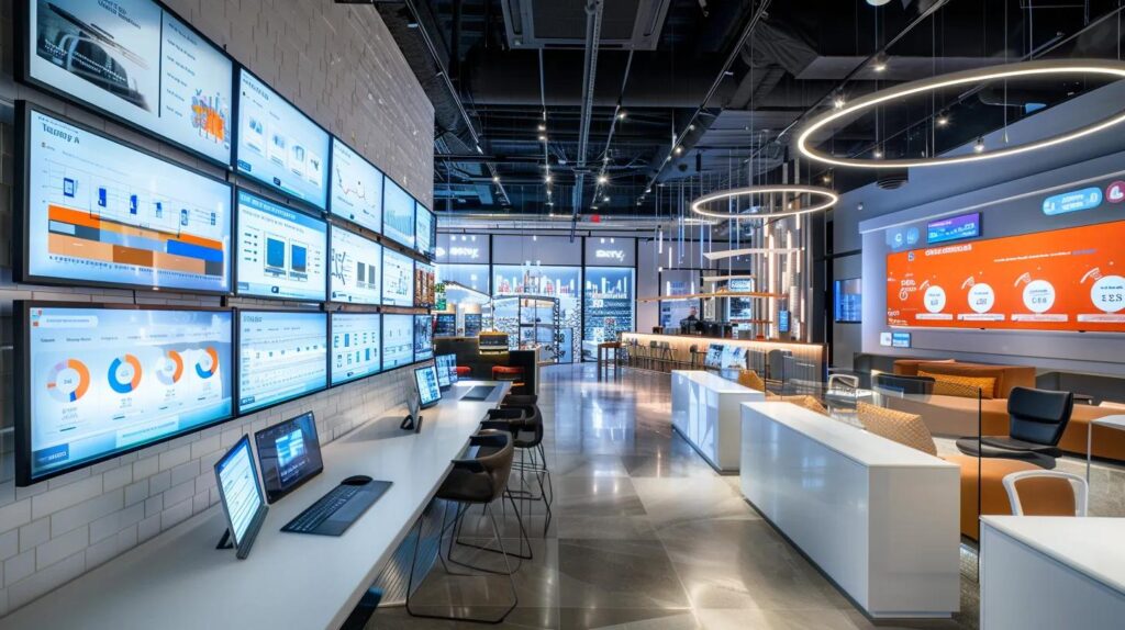 a sleek, futuristic workspace filled with digital dashboards displaying real-time analytics and customer engagement metrics, showcasing ai and automation systems enhancing the efficiency of specialty retail franchises.