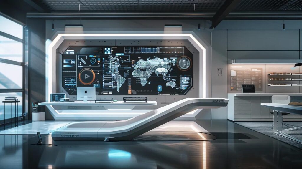 a sleek, futuristic workspace showcases advanced ai technology and digital dashboards, highlighting automated cnc machines and integrated crm systems that revolutionize the custom furniture-making process, emphasizing precision and creativity in design.