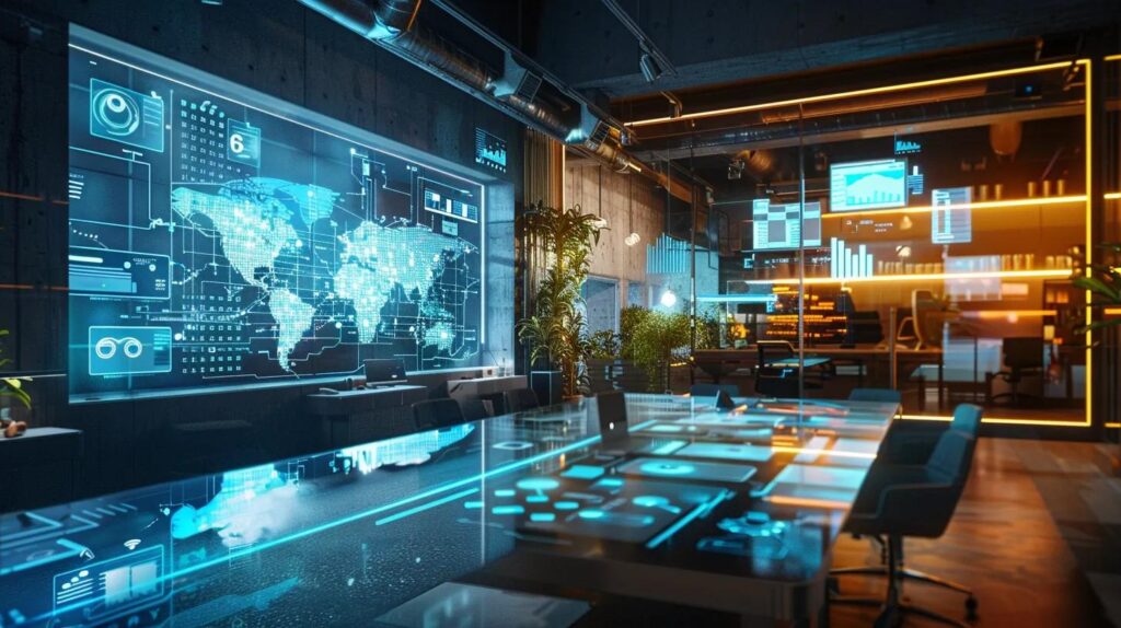 a sleek, futuristic workspace showcases advanced ai technology and digital dashboards, highlighting artisan food producers optimizing supply chain transparency through automated systems and crm integration in a vibrant, tech-driven environment.