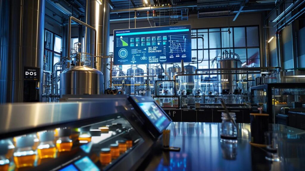 a sleek, futuristic workspace showcases a vibrant digital dashboard displaying real-time metrics of an automated craft distillery, with advanced ai technology seamlessly integrated alongside traditional distillation equipment, emphasizing the harmonious blend of heritage and innovation.