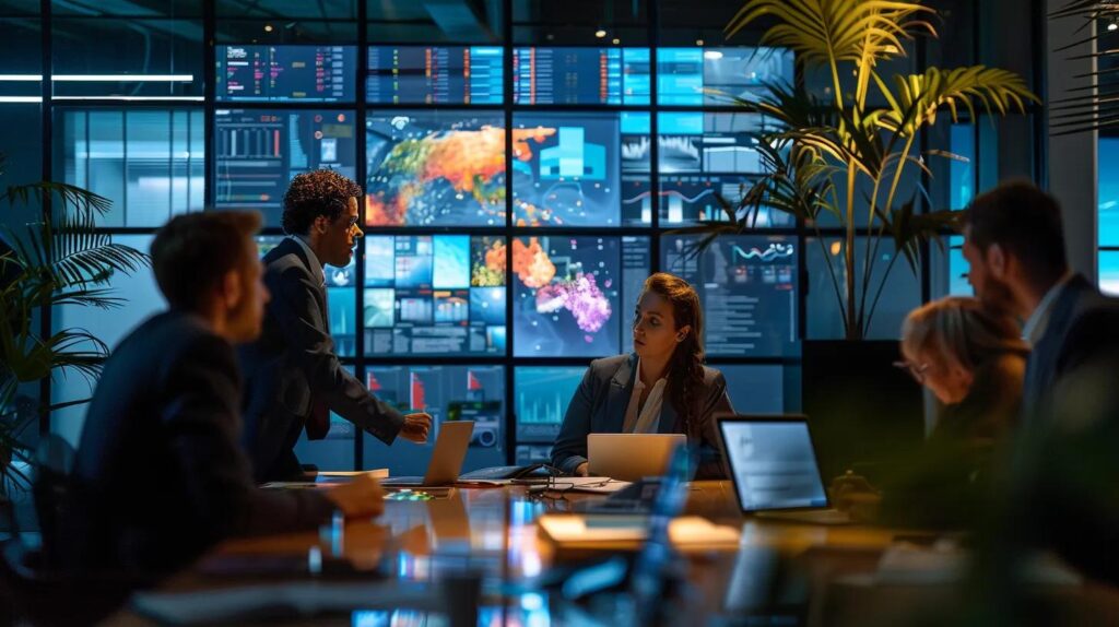 a sleek, modern office environment illuminated by vibrant led screens, showcasing a diverse team engaged in an animated discussion around a digital display of ai crm solutions, emphasizing innovation and collaboration to boost sales.
