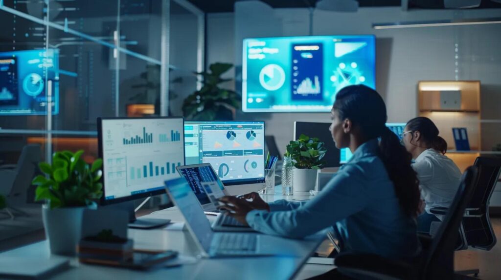 a sleek, modern office filled with diverse professionals engaged in animated discussions over digital marketing strategies on laptops and large screens, highlighting frazye’s innovative features for small business growth.