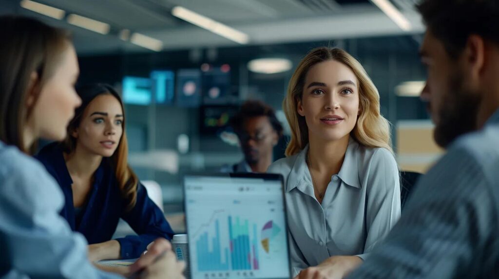 a sleek, modern office setting showcases a diverse team engaged in a lively discussion around a digital interface displaying ai chatbot analytics, highlighting their transformative role in enhancing customer engagement and sales.
