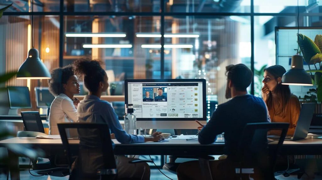 a sleek, modern office setup featuring an ai chatbot interface on a computer screen, surrounded by engaged professionals discussing customer engagement strategies in an upscale, urban workspace.