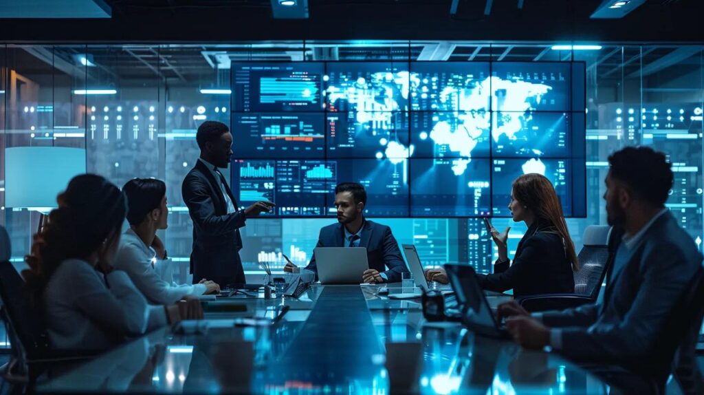 a sleek, modern office space features a diverse group of professionals engaged in animated discussions around high-tech screens displaying ai-driven crm analytics, highlighting collaboration and innovation for small businesses in 2024.