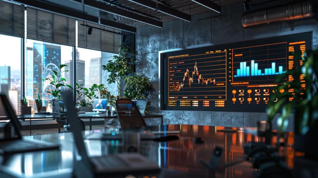 a sleek, modern office space filled with technology displays showcasing predictive analytics dashboards and automated task interfaces, highlighted by vibrant, digital charts and data visualizations that reflect the dynamic innovations of ai platforms like frazye.
