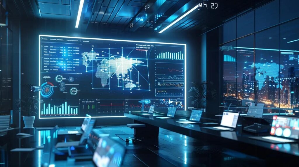 AI CRM Features Supporting Successful Lead Management 5 a sleek, modern office workspace showcases a high-tech ai-driven crm interface on a large screen, illuminated by dynamic digital graphs and analytics, symbolizing effective lead management.