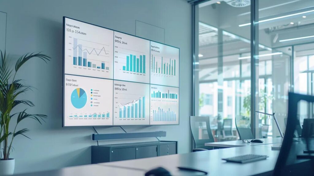 a sleek, modern office workspace showcases a large digital display presenting a vibrant comparison chart of leading ai crm tools, emphasizing their unique attributes in a professional and dynamic environment.