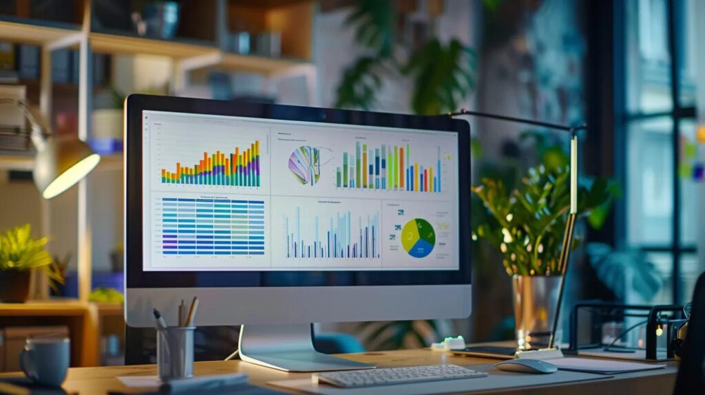 a sleek, modern office workspace featuring a computer screen displaying vibrant graphs and charts, symbolizing the strategic benefits of ai crm solutions for small businesses in a dynamic urban setting.