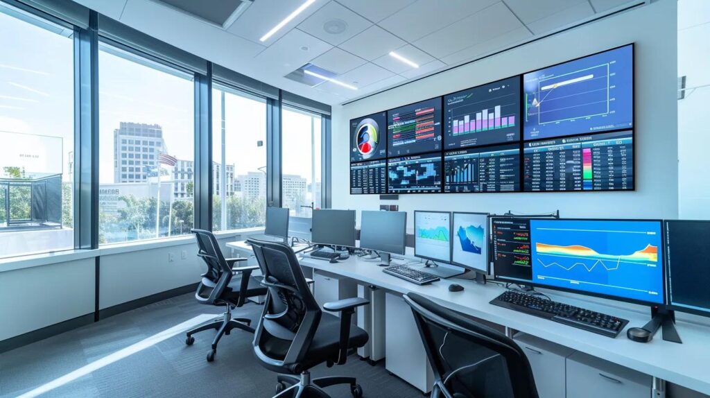 a sleek, modern office workspace features multiple digital screens displaying vibrant analytics dashboards and social media feeds, emphasizing the integration of ai technology for optimizing marketing campaigns.