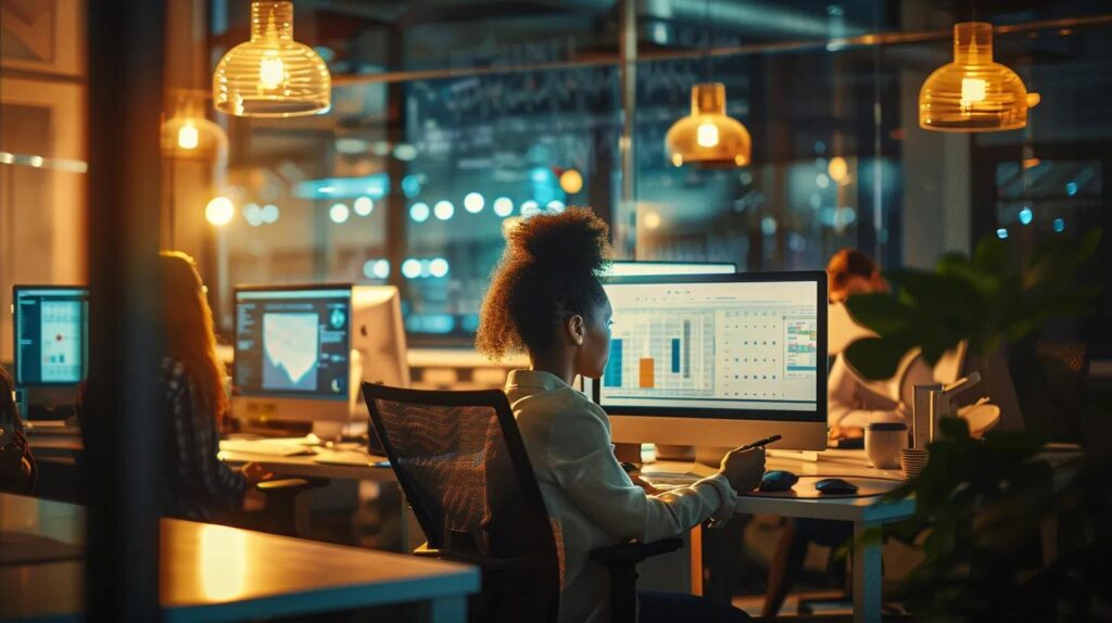 a sleek office environment showcases a diverse group of professionals analyzing data on multiple screens, illuminated by soft, focused lighting, as they strategize using google ai tools to enhance local search rankings and optimize customer targeting.
