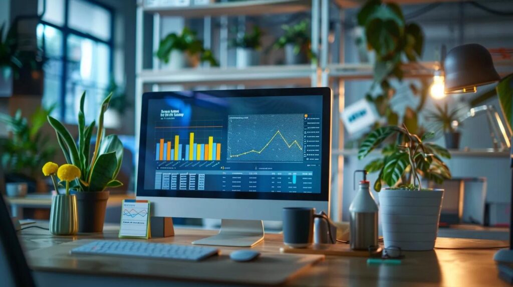 a sleek office workspace features a modern computer screen displaying analytics graphs and keyword data, symbolizing perplexity's advanced approach to keyword research and content optimization for digital marketing strategies.