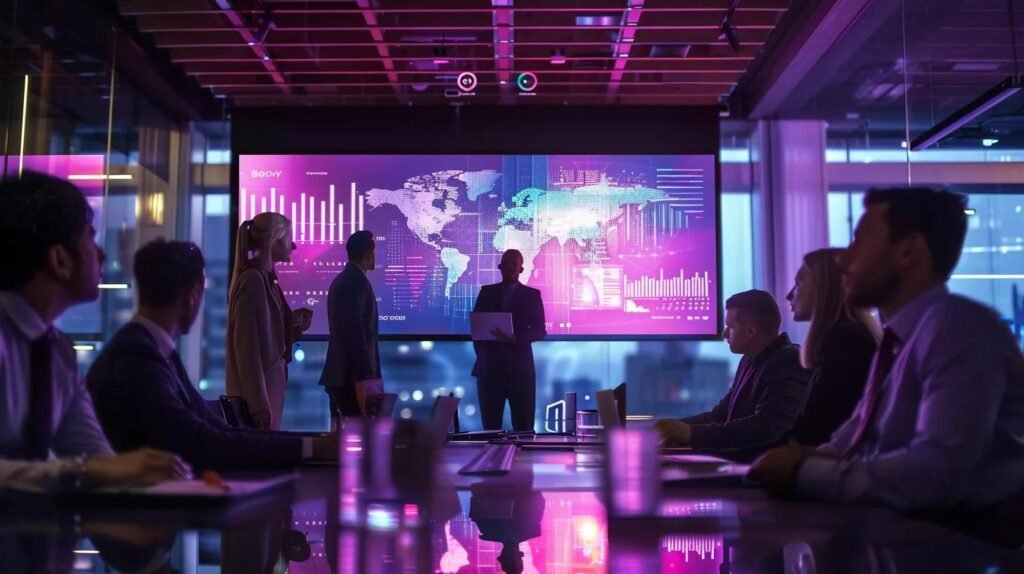 Navigating AI CRM Compliance Standards for Small Business Success 22 a dynamic conference room filled with engaged professionals attentively discussing ai crm compliance strategies, illuminated by modern lighting and featuring a large screen displaying key insights and graphs.