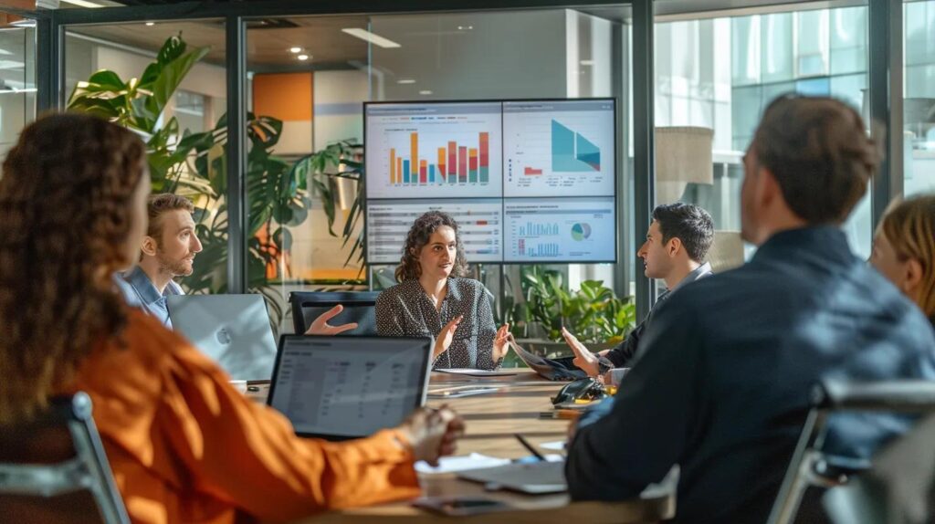 a dynamic office environment showcases a diverse team engaged in a collaborative meeting, surrounded by digital displays illustrating ai crm features like predictive analytics and automated lead scoring, emphasizing the transition from reactive to proactive sales strategies.