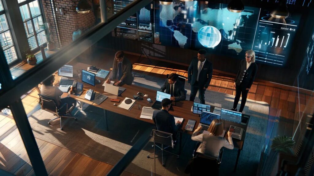 a dynamic office environment showcases professionals engaged with advanced ai crm software on sleek laptops, surrounded by industry-specific data visualizations and charts that exemplify optimized lead management in real estate, saas, and e-commerce sectors.