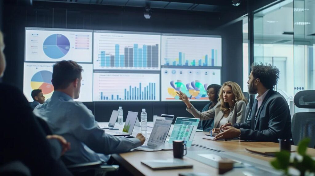 a dynamic office meeting scene captures diverse sales and marketing professionals engaged in a strategic discussion over ai crm implementation, with digital screens displaying data analytics and collaborative tools in a modern conference room setting.