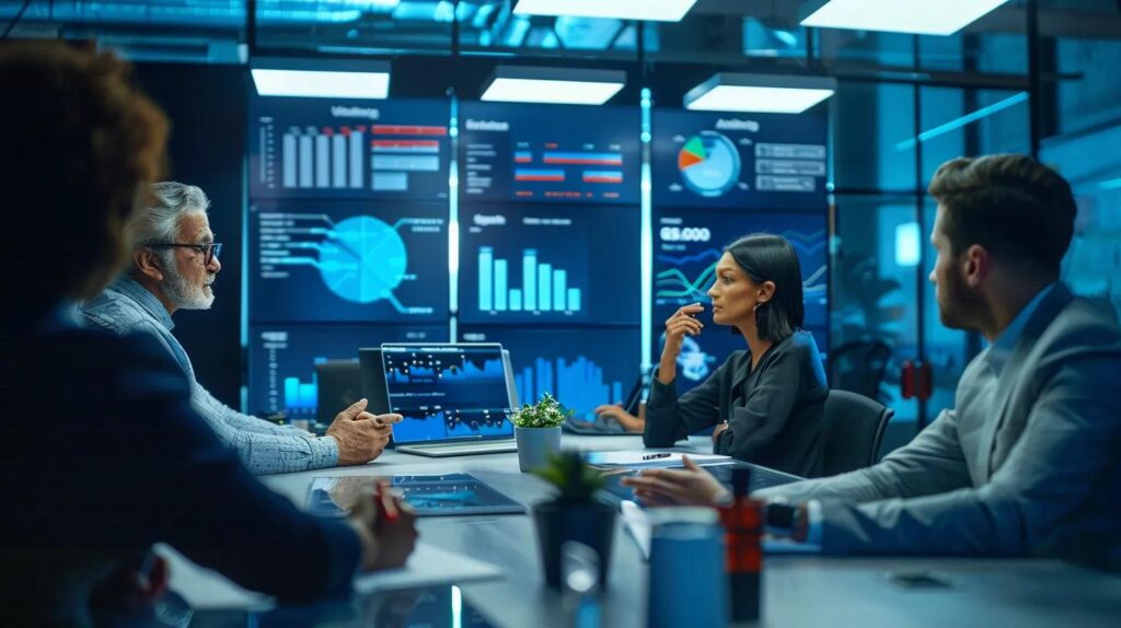a dynamic office scene showcasing a diverse team of professionals collaborating around a sleek conference table, analyzing colorful charts on digital displays that illustrate key performance metrics and ai crm tools, bathed in bright, focused overhead lighting that emphasizes their engagement and determination to drive business success.