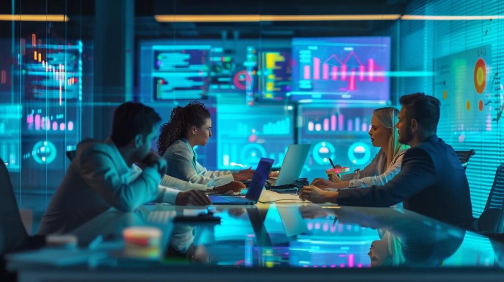 a dynamic office setting showcases a diverse team of marketing professionals engaging around a sleek conference table, illuminated by soft overhead lighting while analyzing vibrant data visualizations on digital screens that depict predictive analytics and lead conversion trends.