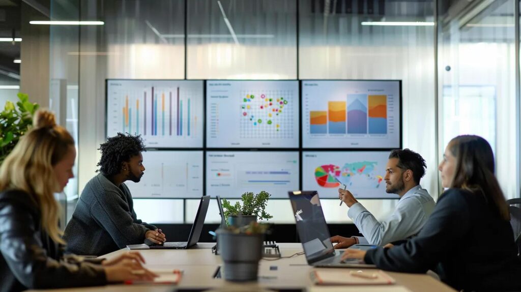 a modern office environment showcases a diverse team of small business professionals engaged in a dynamic brainstorming session, surrounded by digital screens displaying vibrant charts and ai crm features, highlighting the intersection of technology and strategy for enhanced operational efficiency.