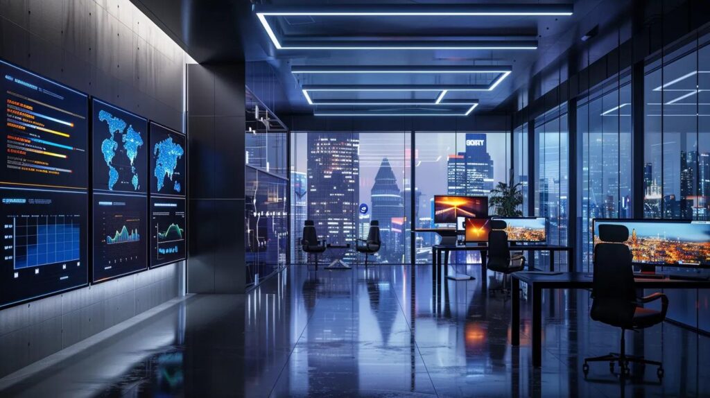a modern office filled with sleek, high-tech displays showcasing dynamic customer data dashboards, emphasizing ai-driven personalization strategies that enhance sales interactions.