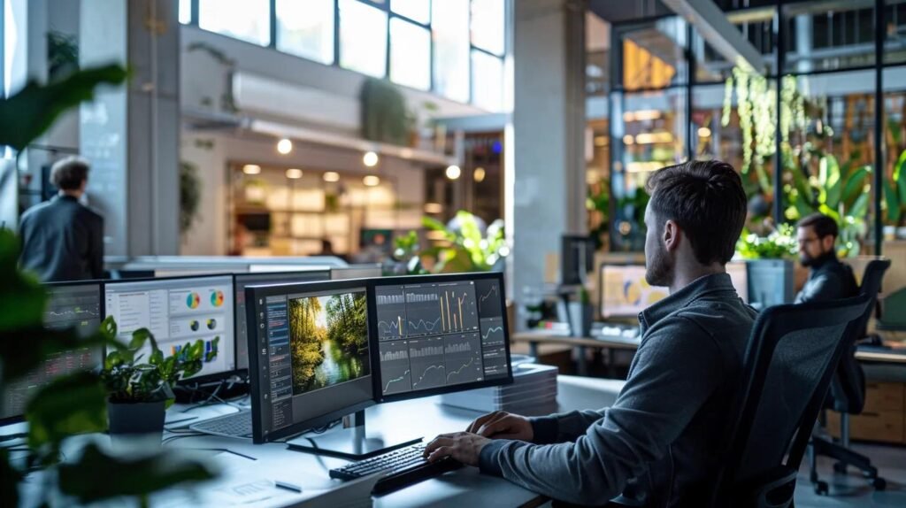 Best AI CRM Tools for Small Business (2025): Pricing & Use Cases 5 a modern office space buzzes with activity as focused sales professionals engage with sleek ai crm software displayed on high-resolution monitors, highlighting the dynamic integration of technology and sales automation.
