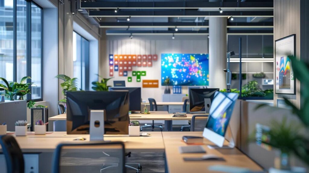 a modern office space showcases a sleek workspace with vibrant digital interfaces displaying user-friendly ai crm solutions, emphasizing innovation and efficiency for small businesses.